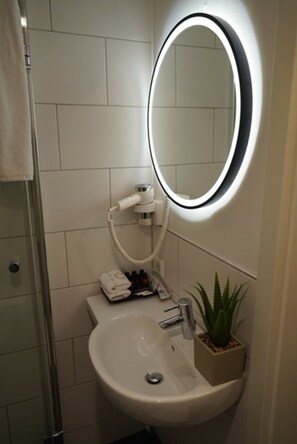 Un baño con lavamanos blanco, un espejo con luz, toallero y planta en maceta.