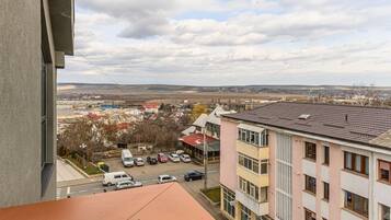 A residential area with multi-story buildings, a parking lot, and a distant view of a town.