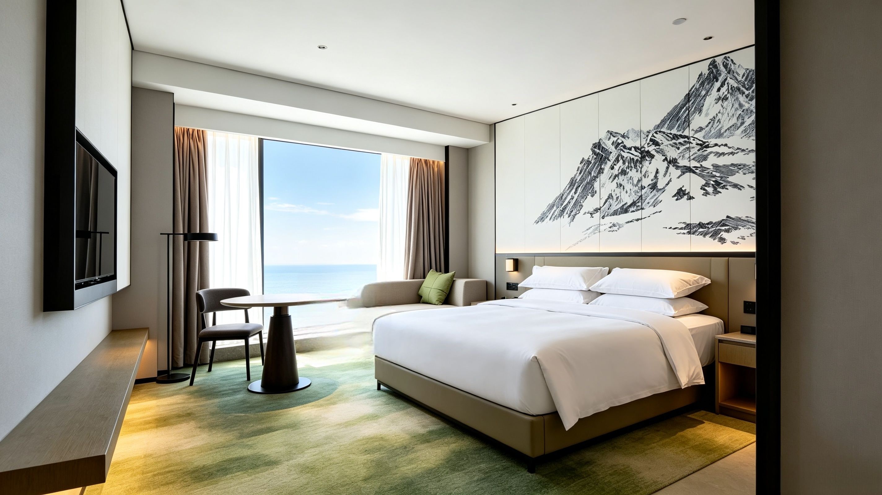 A hotel room with a bed, a desk, a chair, a large window with curtains, and a wall-mounted TV.