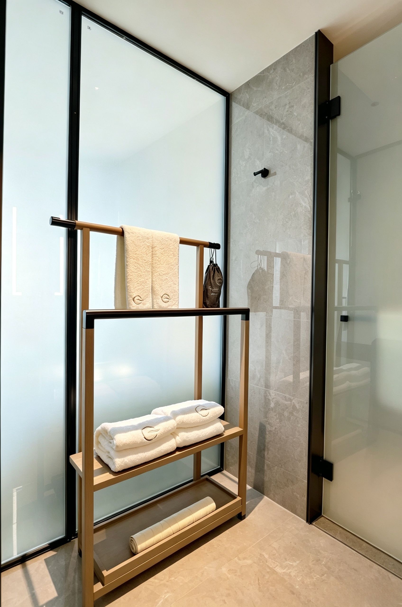 A modern bathroom with a glass shower enclosure, a wooden towel rack, and a marble-tiled floor.