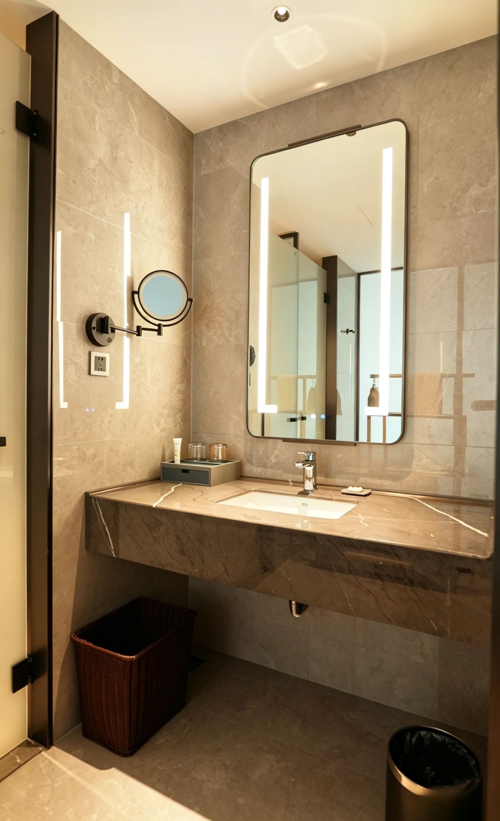 A modern bathroom with a marble countertop, a large mirror, a round wall-mounted mirror, a sink, and a trash bin.