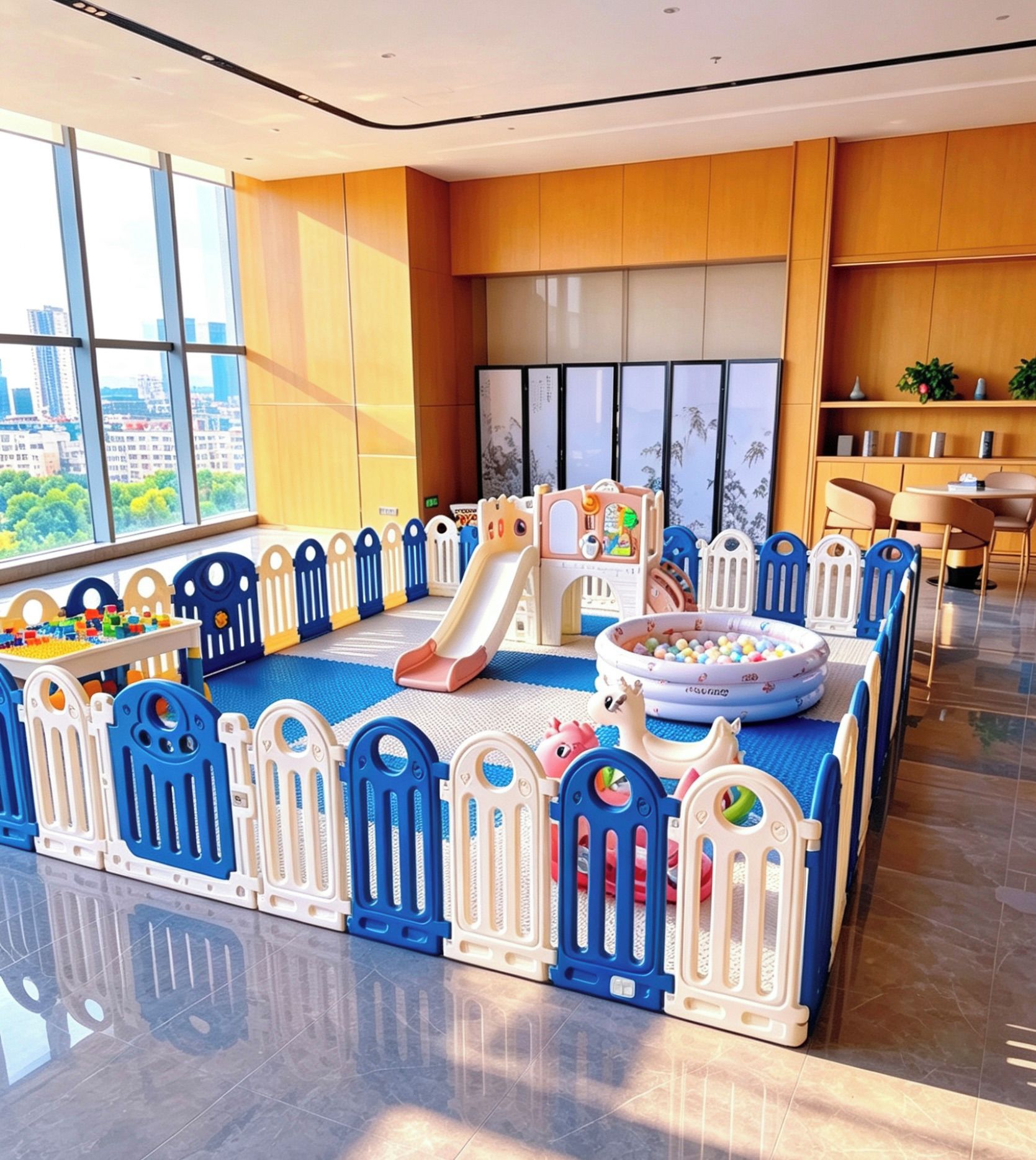 A children's play area with a slide, play mats, and a ball pit.