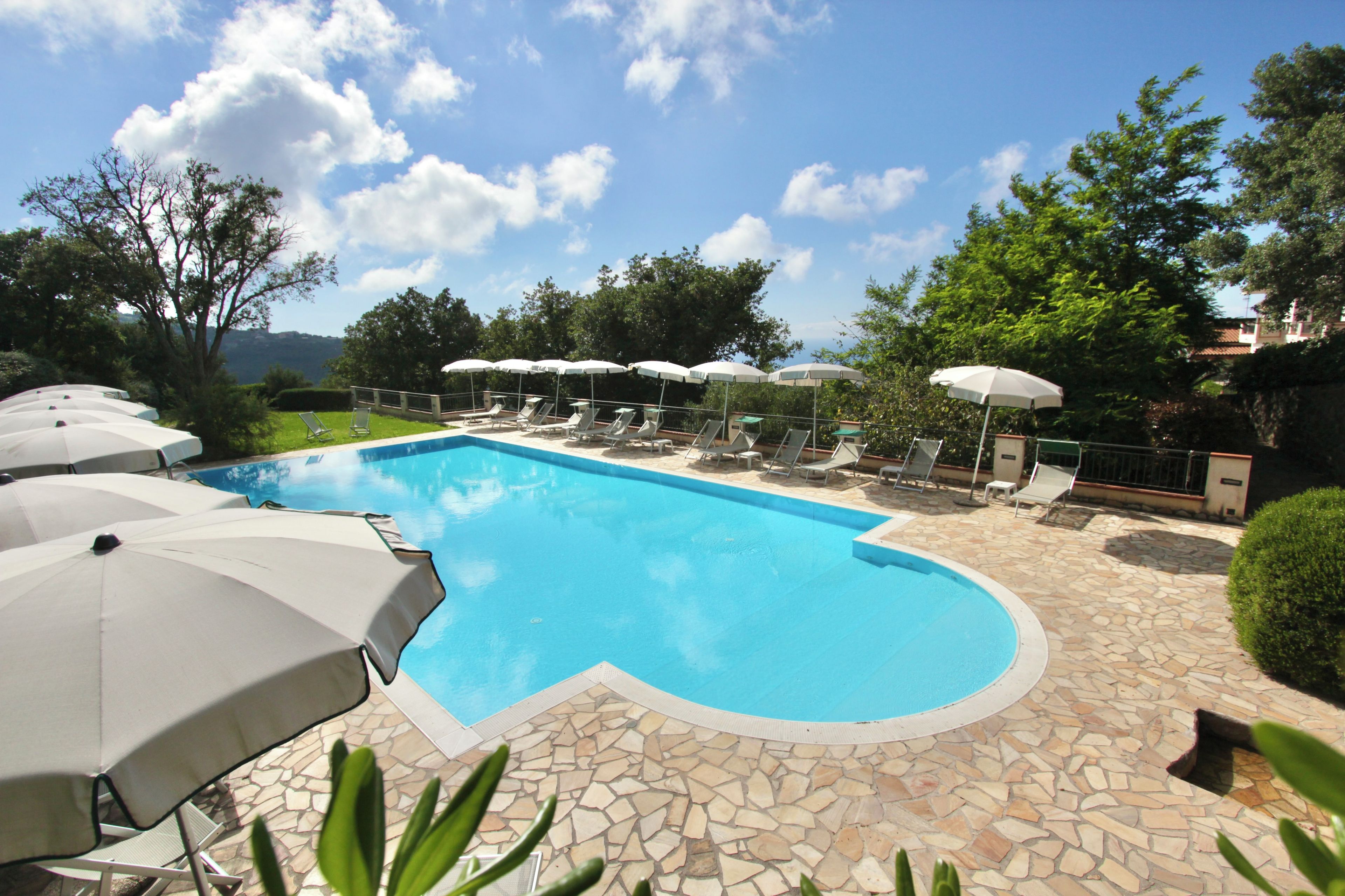 A swimming pool with lounge chairs and umbrellas, surrounded by greenery and a clear sky.