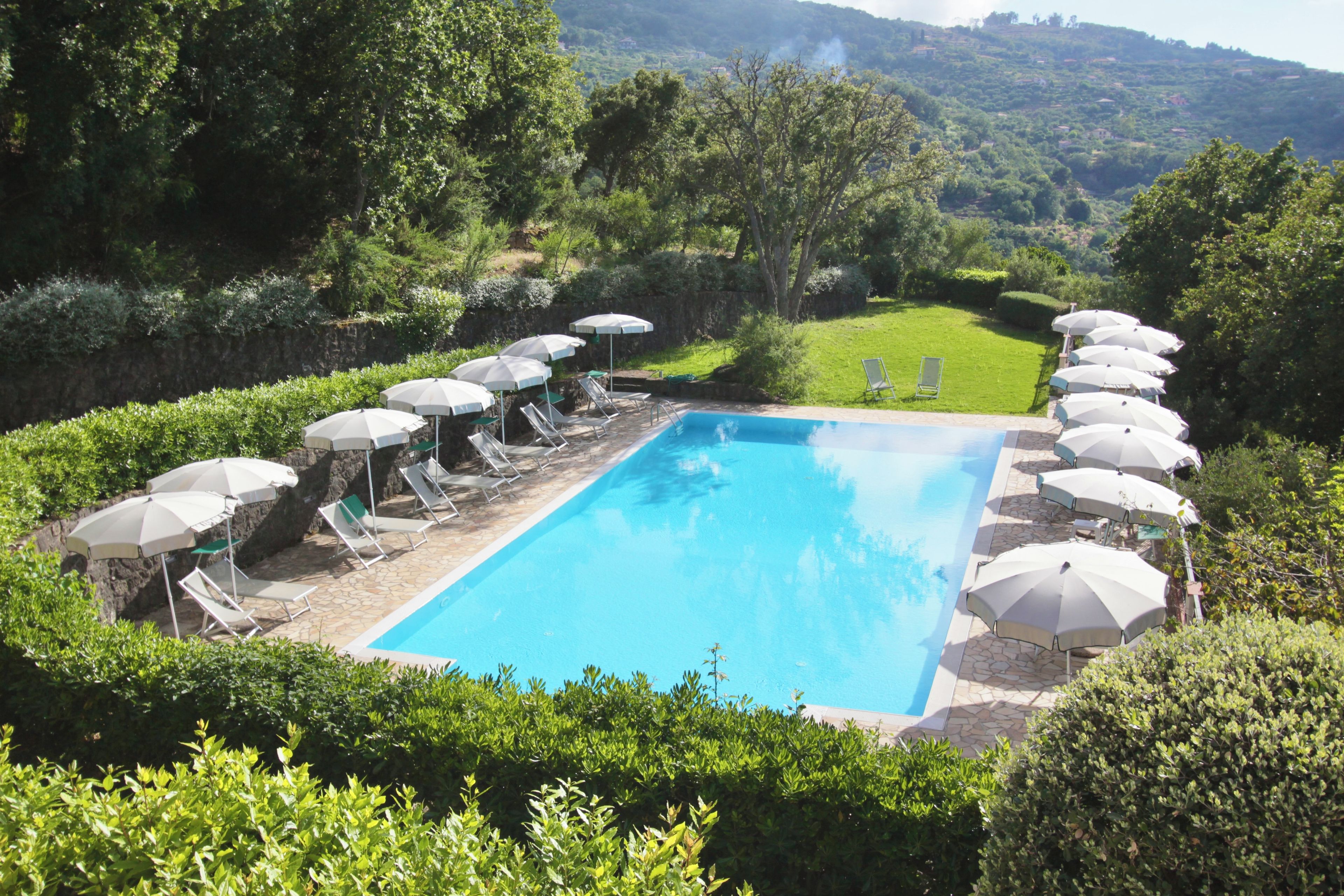 Une piscine rectangulaire bordée de pierres, entourée de chaises longues et de parasols, le tout se fondant dans un décor de verdure luxuriante et de collines.