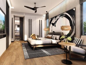 A modern bedroom with a bed, bedside table, and a large abstract painting. - Montazure Resort Phuket - Mgallery Collection (Kamala)