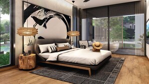A modern bedroom with a large bed, a ceiling fan, and a view of the outdoors. - Montazure Resort Phuket - Mgallery Collection (Kamala)