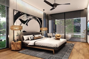Quarto moderno com uma cama grande, um ventilador de teto e vista para o exterior.