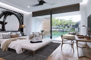 Une chambre moderne avec un grand lit, un bureau et une vue sur une piscine extérieure.