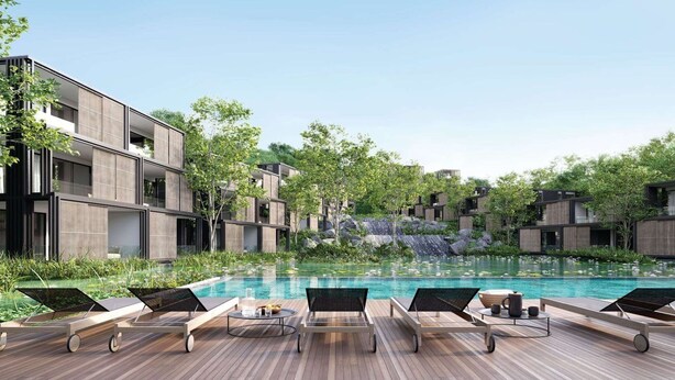 A modern resort with a swimming pool, lounge chairs, and a waterfall view. - Montazure Resort Phuket - Mgallery Collection (Kamala)