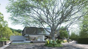 A modern building with a large tree in front, a stone wall, and a paved driveway. - Montazure Resort Phuket - Mgallery Collection (Kamala)
