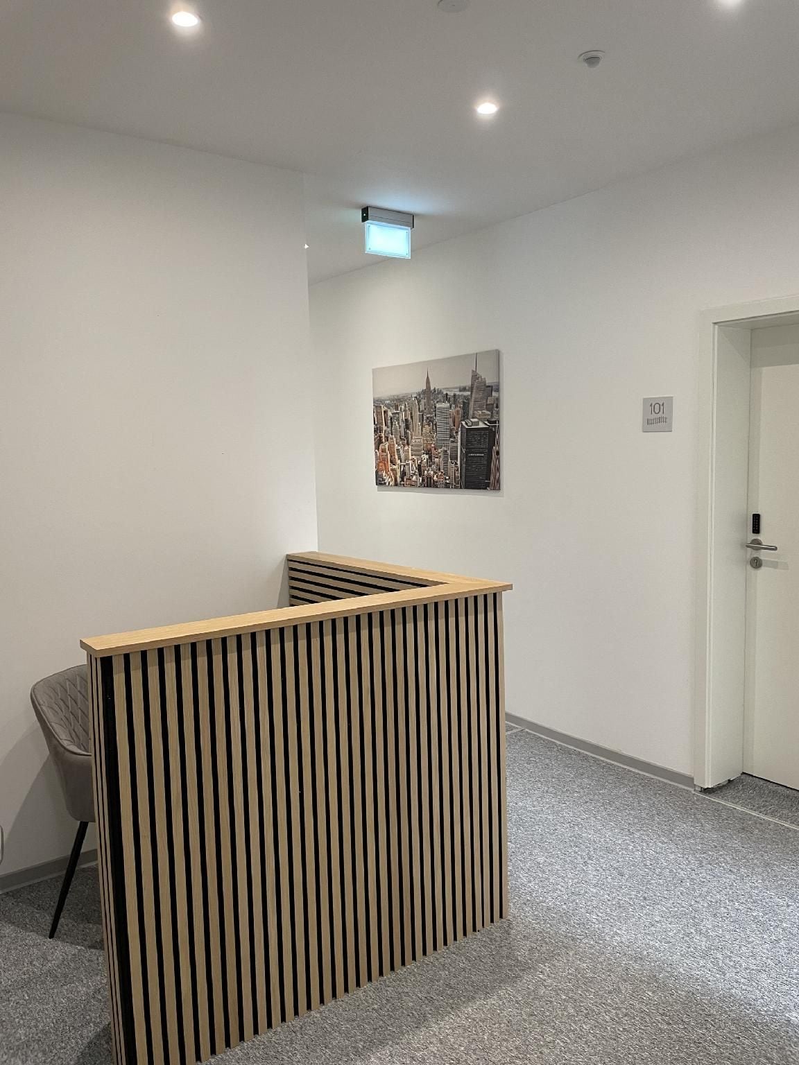 A reception area with a wooden slatted desk, a cityscape painting on the wall, and a door labeled '101'.