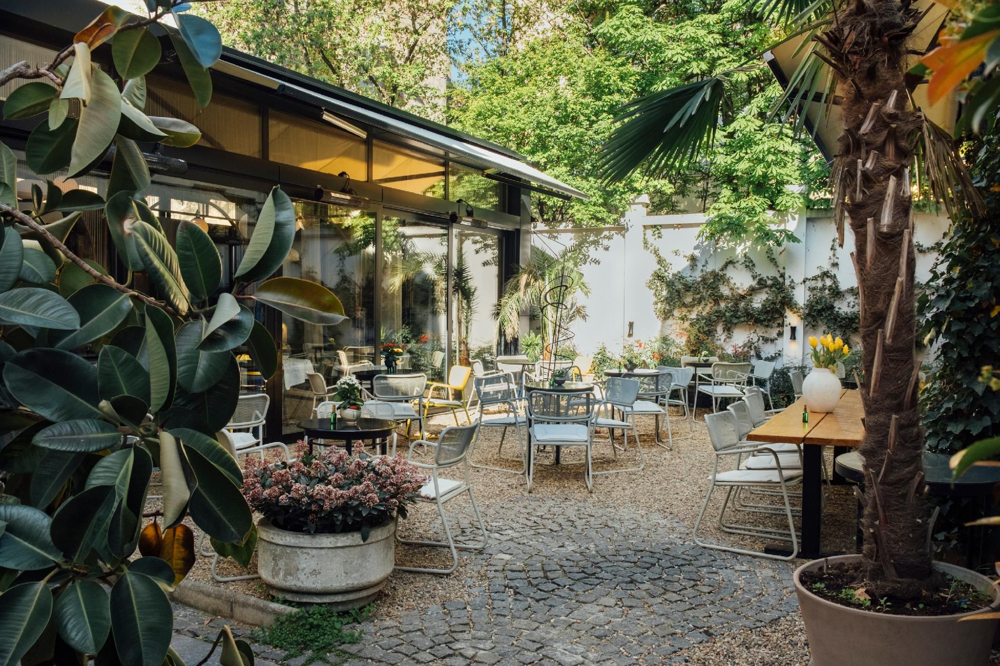 Un café al aire libre con mesas y sillas, rodeado de macetas y árboles.