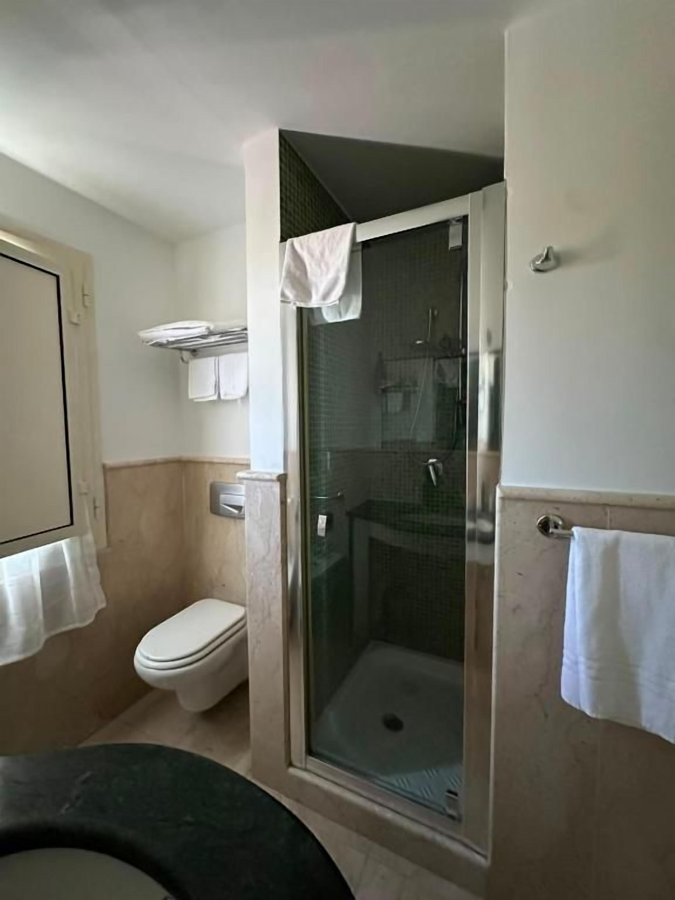 A bathroom with a toilet, a shower enclosure, and a sink.