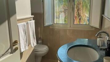 Ein Badezimmer mit Toilette, Waschbecken und einem Fenster mit Blick auf Palmen.