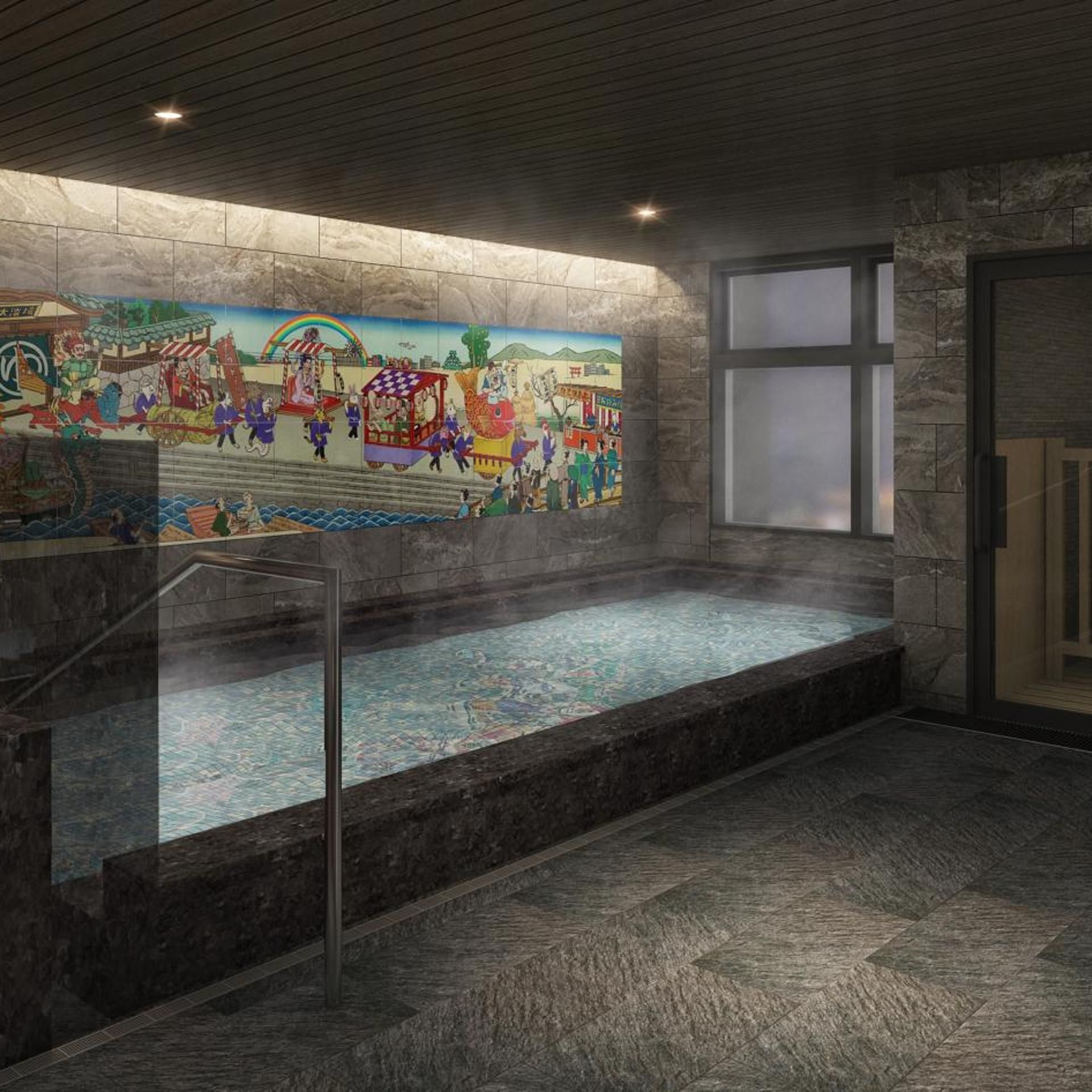 Een wellnessruimte met een grote muurschildering, een jacuzzi en een stenen muur.