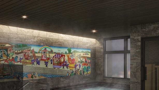 Área de banho com águas termais, piso em azulejo, guarda-corpo de vidro e um mural na parede.