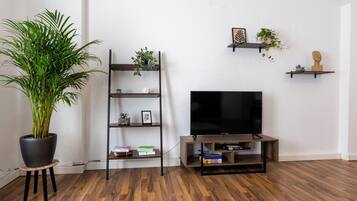 Ein Wohnzimmer mit Holzboden, einem schwarzen TV-Schrank, einer Topfpflanze, einem schwarzen Regalsystem und einer weißen Wand.