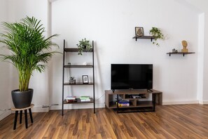 A living room with a wooden floor, a black TV stand, a potted plant, a black shelf unit, and a white wall.