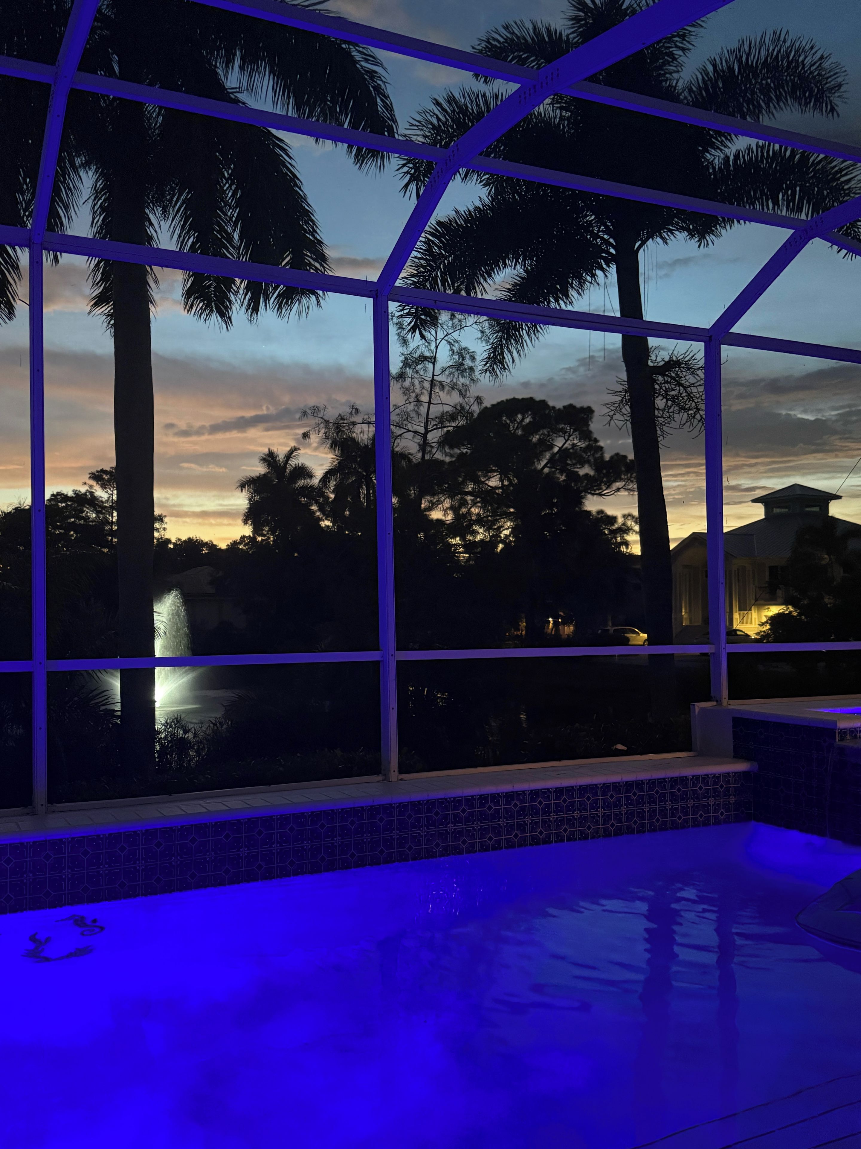 Un espace piscine offrant une vue sur les palmiers et sur le coucher du soleil.