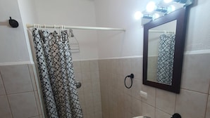 Un baño con ducha, lavamanos y espejo con iluminación.