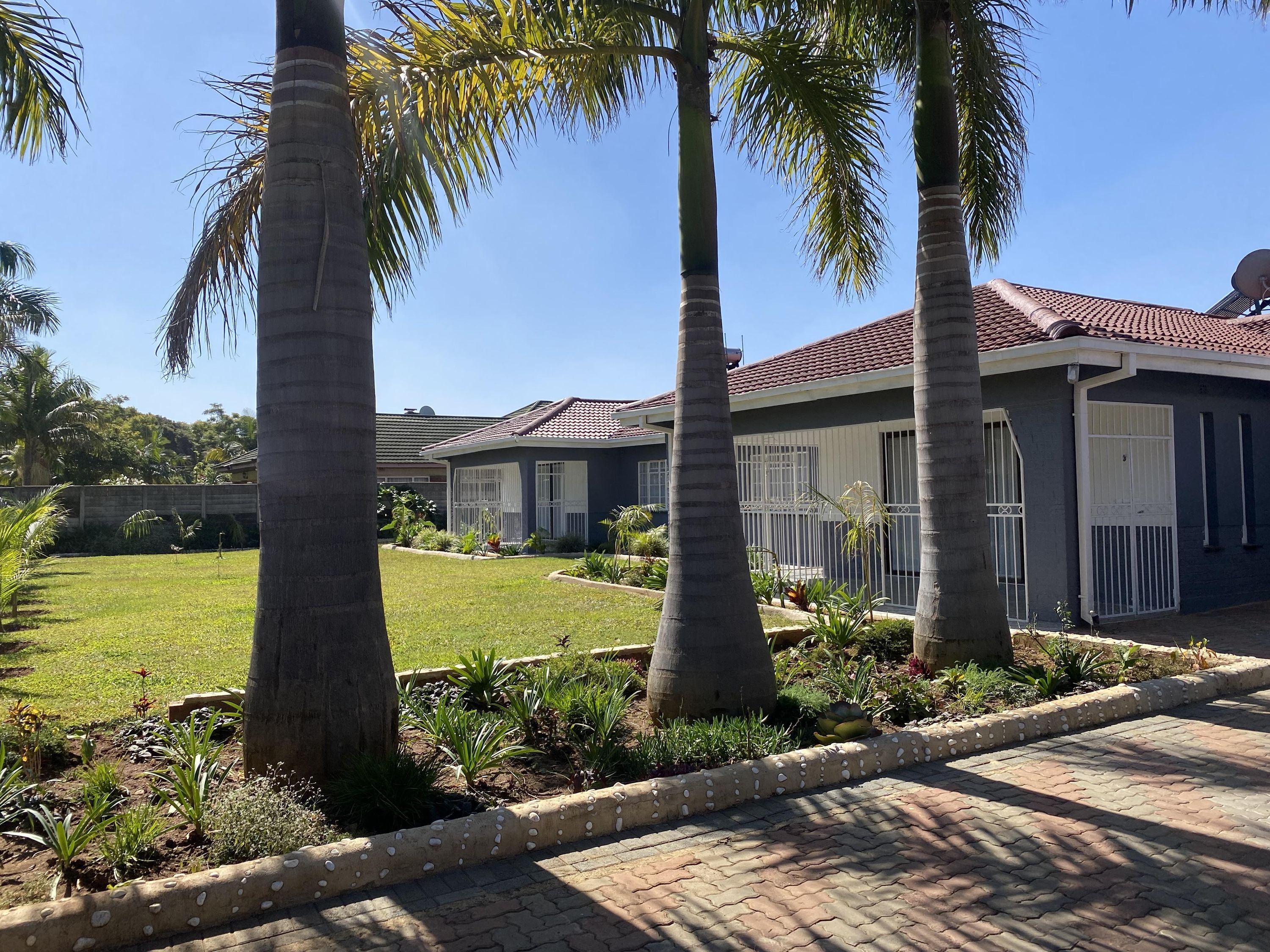 A residential area with a house featuring a tiled roof, a fenced yard with palm trees, and a paved walkway.
