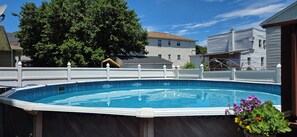 A residential swimming pool with a white fence, surrounded by houses and a large tree.
