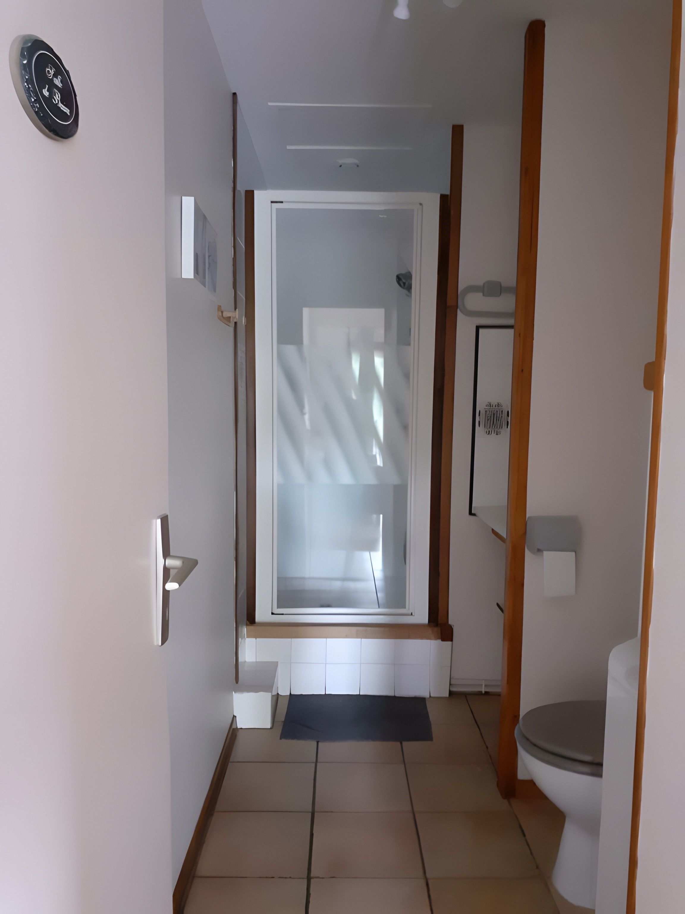 Ein Badezimmer mit Toilette, einer Duschkabine und einer Tür mit Milchglas.