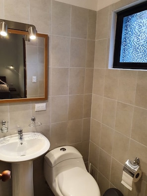 Un baño con lavamanos, inodoro y espejo.