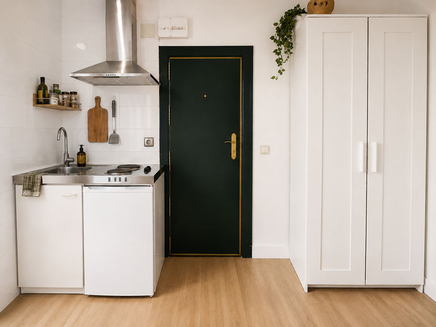 Una cocina compacta con estufa, lavamanos y una puerta negra.