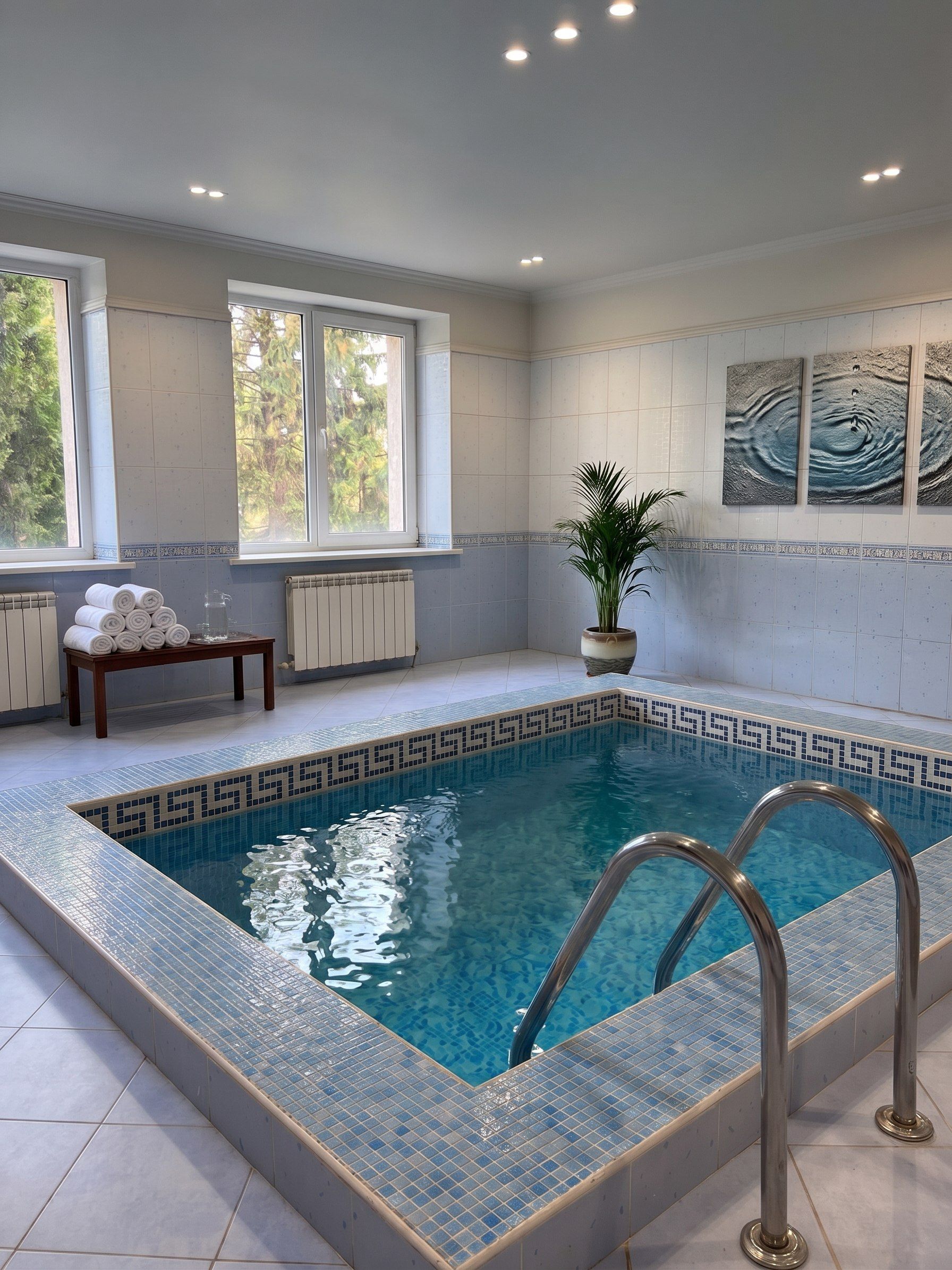 A swimming pool with a tiled border, a bench, and a potted plant.