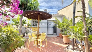 Terrassa exterior amb taula rodona i cadires, envoltada de plantes en testos i un parasol de palla.