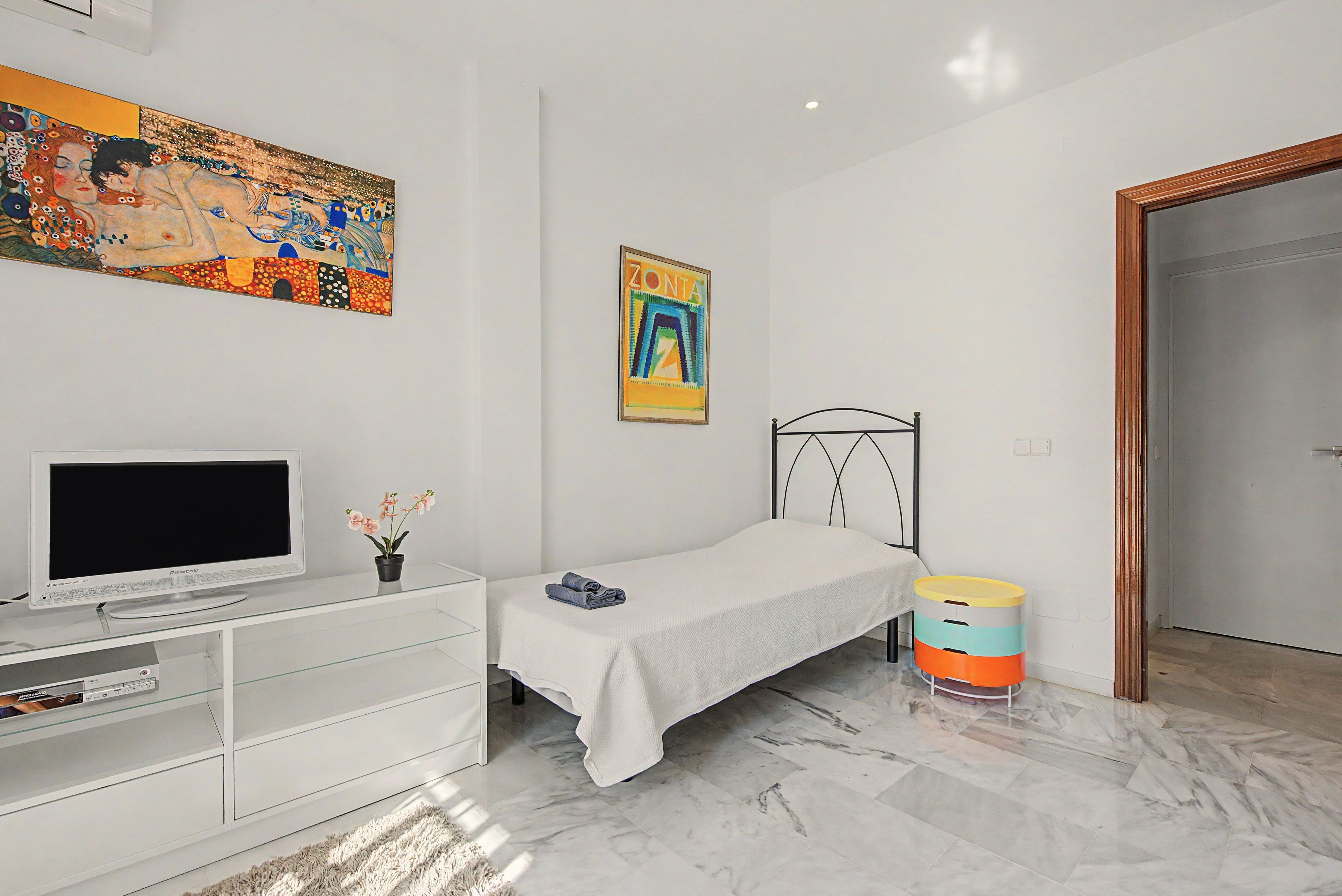 Un dormitorio con una cama, un televisor, un cuadro y una puerta.