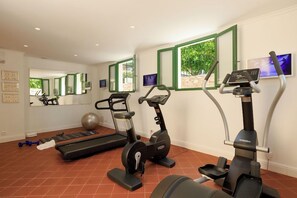 Ein Heim-Fitnessraum mit Trainingsgeräten, einer Spiegelwand und Blick auf Grünflächen.