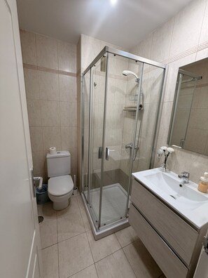 Un bagno con doccia vetro-muraria, un water e un lavandino con specchio.