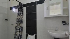Une salle de bain avec une douche, un lavabo et un meuble de rangement.
