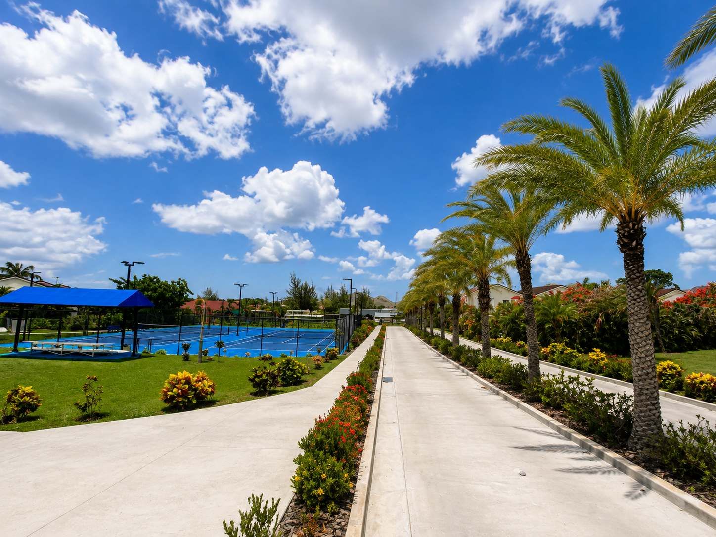 A tennis court with a blue roof, surrounded by a pathway lined with palm trees and flowering plants.