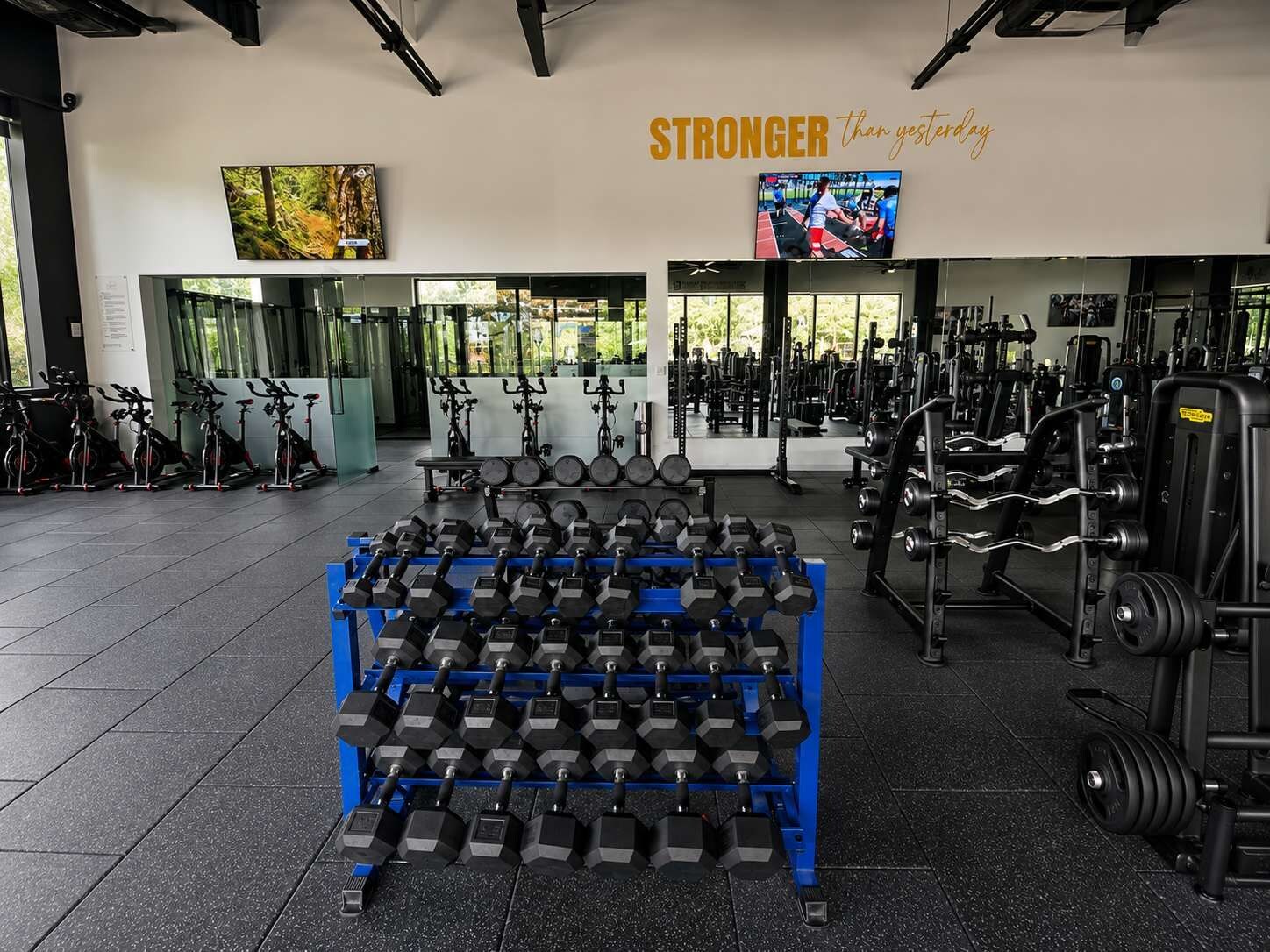 Un gimnasio con equipo de ejercicio, incluyendo pesas y cintas de correr.