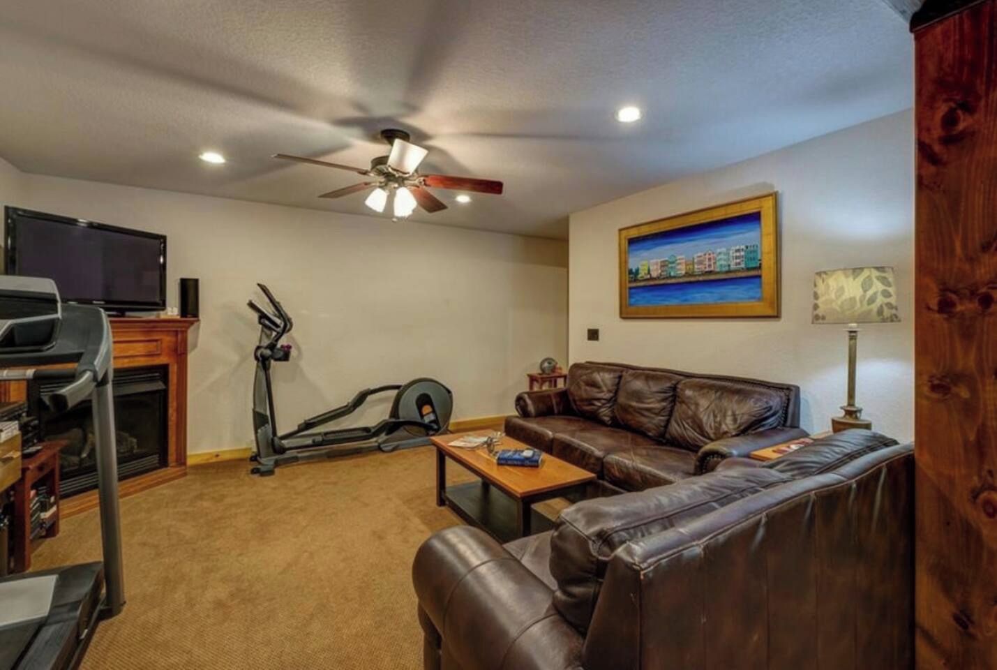 A living room with a ceiling fan, exercise equipment, a leather sofa, a TV, and a painting on the wall.
