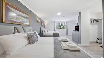 A modern hotel room with a large bed, a smaller bed, a desk, a television, and a window with a view of greenery.
