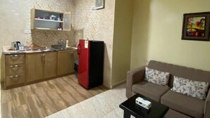 Un espacio habitable funcional con kitchenette, sofá y una mesa de centro.