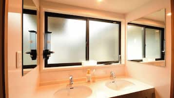 A bathroom with two sinks, a mirror, frosted glass windows, and a light fixture.