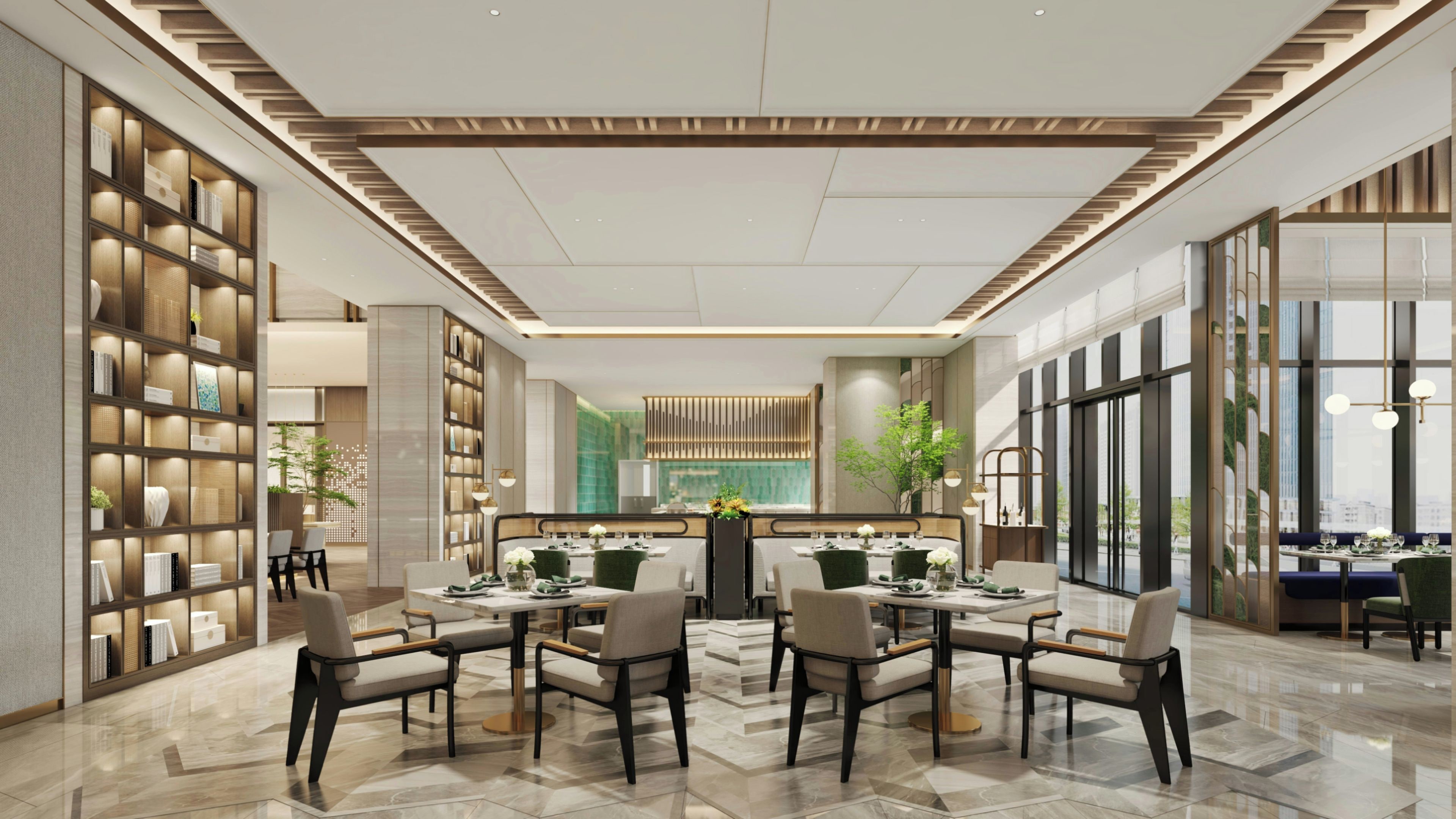 Een moderne hotellobby met een centraal gelegen eetgedeelte, een receptiebalie en een grote boekenkast.