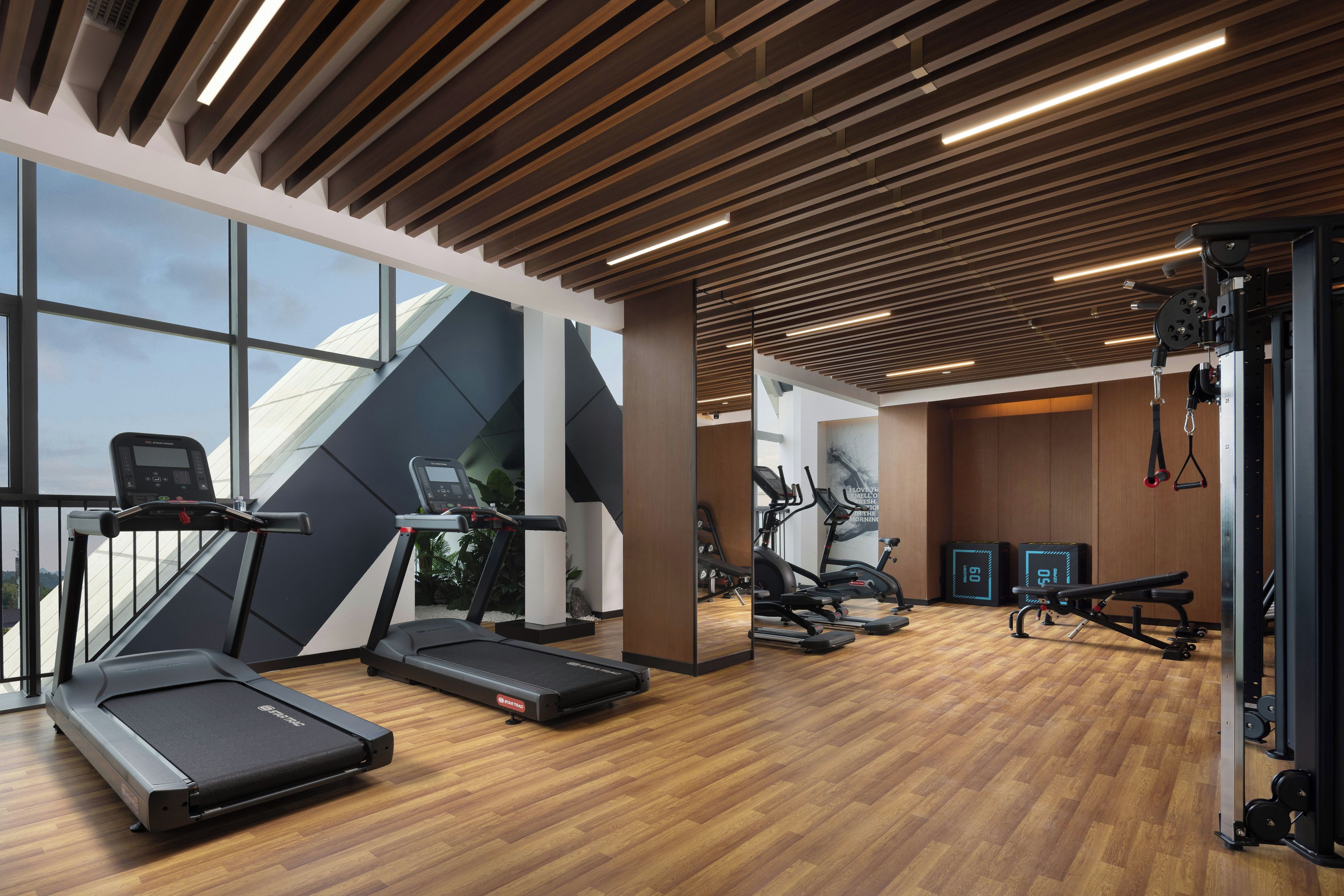 Un gimnasio con cintas de correr, elípticas y equipo de levantamiento de pesas.