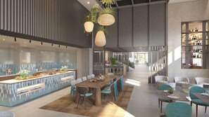 Interior moderno com uma longa mesa de jantar, cadeiras, espaço de bar e área de estar com vista.