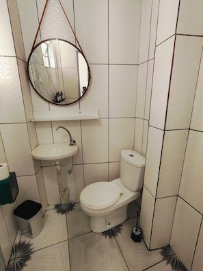 Un baño con inodoro, lavabo y espejo.