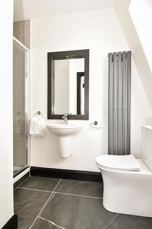 A modern bathroom with a white sink, a mirror, a toilet, and a shower area. - The Lane Boutique Residence (Galway)