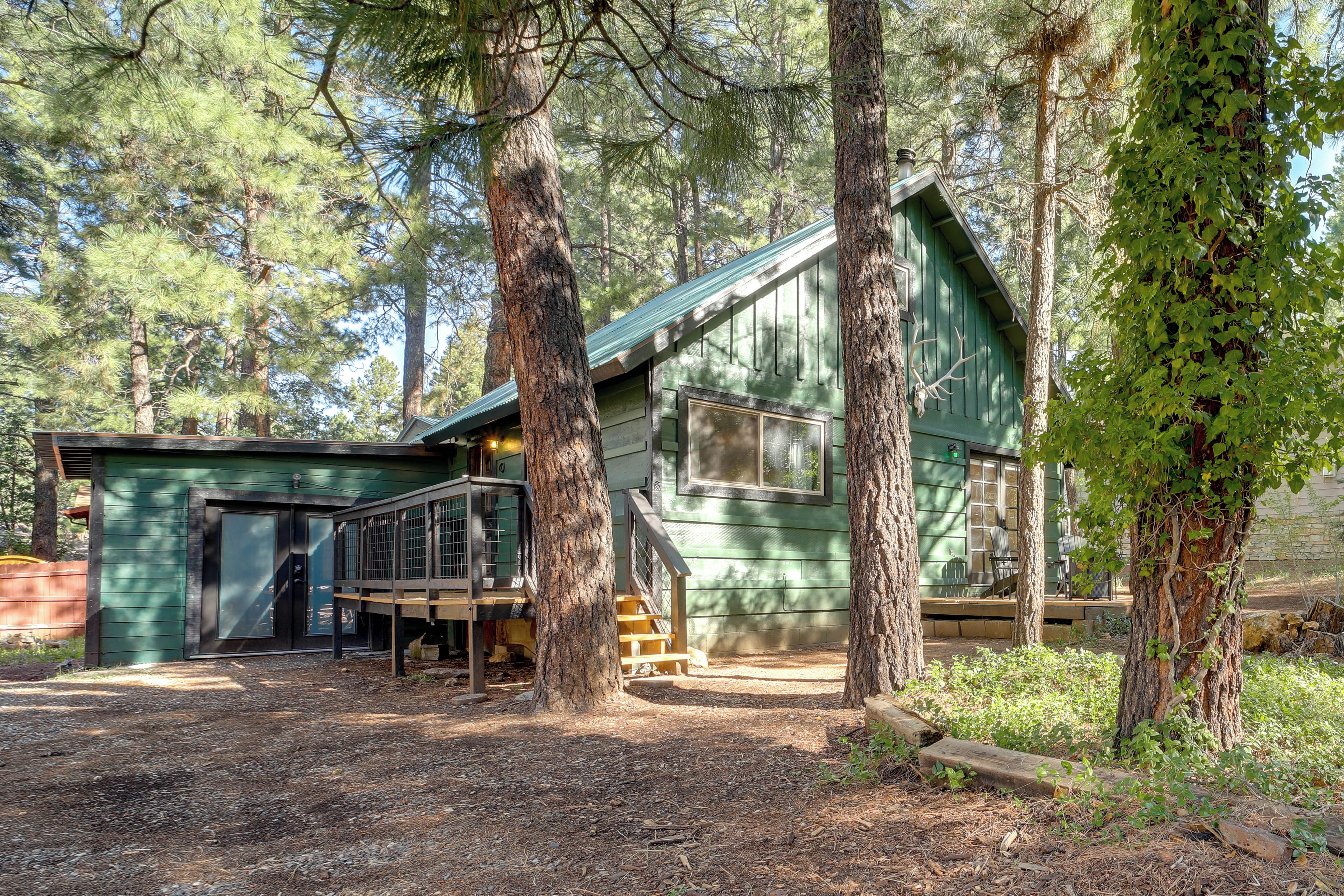 A cabin with a green exterior, a porch, and a small attached shed.
