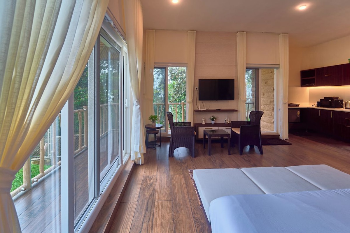 Quarto de hotel com uma cama grande, uma escrivaninha com cadeira, televisão e vista para o exterior.