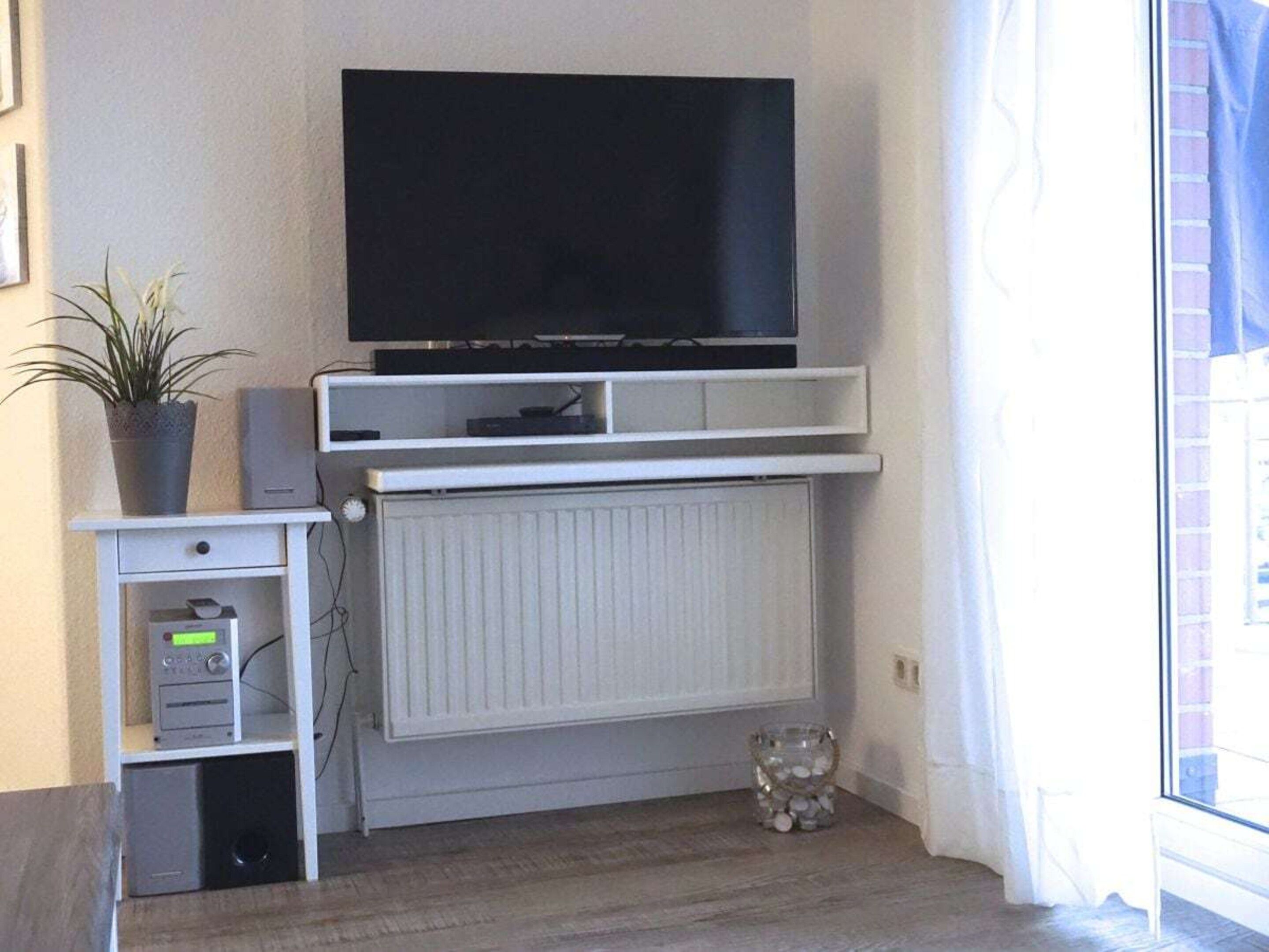 Ein Zimmer mit einem an der Wand montierten Fernseher, einem Heizkörper darunter, einer kleinen Kommode mit elektronischen Geräten, einer Topfpflanze und einem Glasbehälter auf dem Boden.