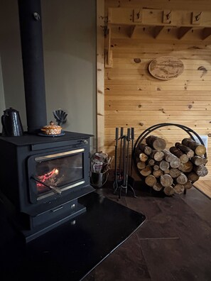 A wood-burning stove with logs and a kettle, a fireplace, and a wooden wall with a plaque.